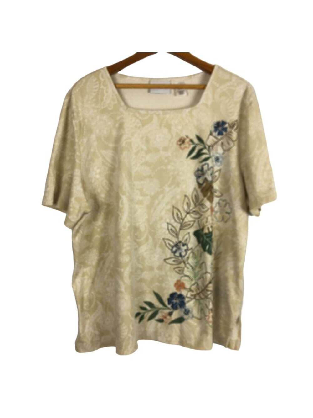 Alfred Dunner Floral Embroidered Top XL Square Neckline Short Sleeve Beaded